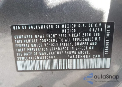 2013 Volkswagen Jetta 2.0L Tdi z USA, uszkodzony, nr VIN 3VWLL7AJ2DM290567